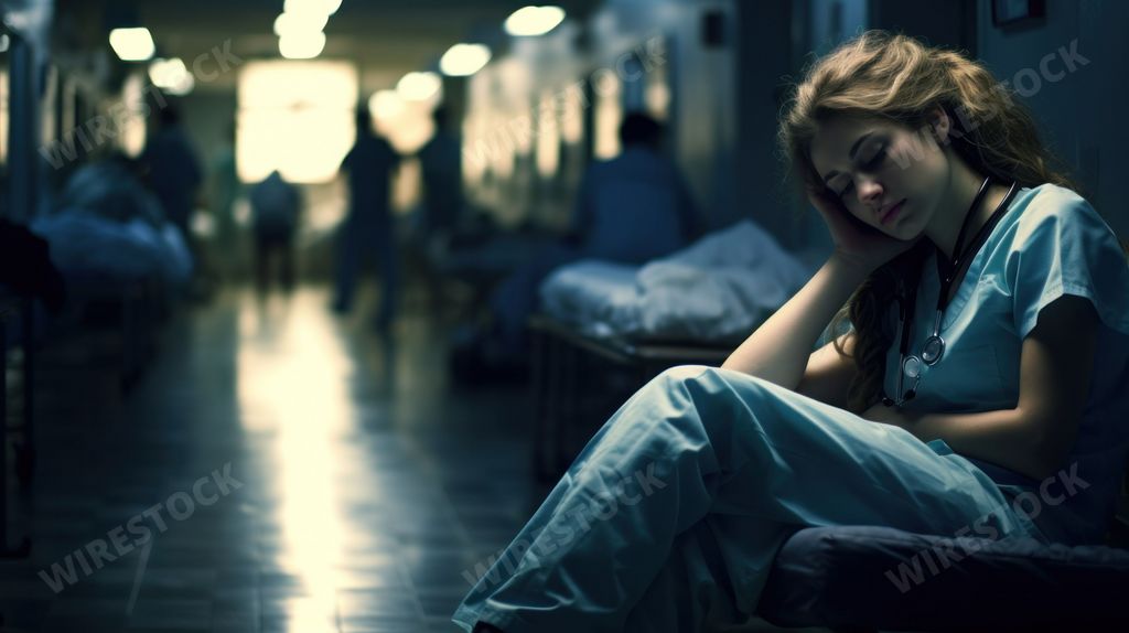 AI-generated photo of an exhausted nurse resting in a busy hospital corridor