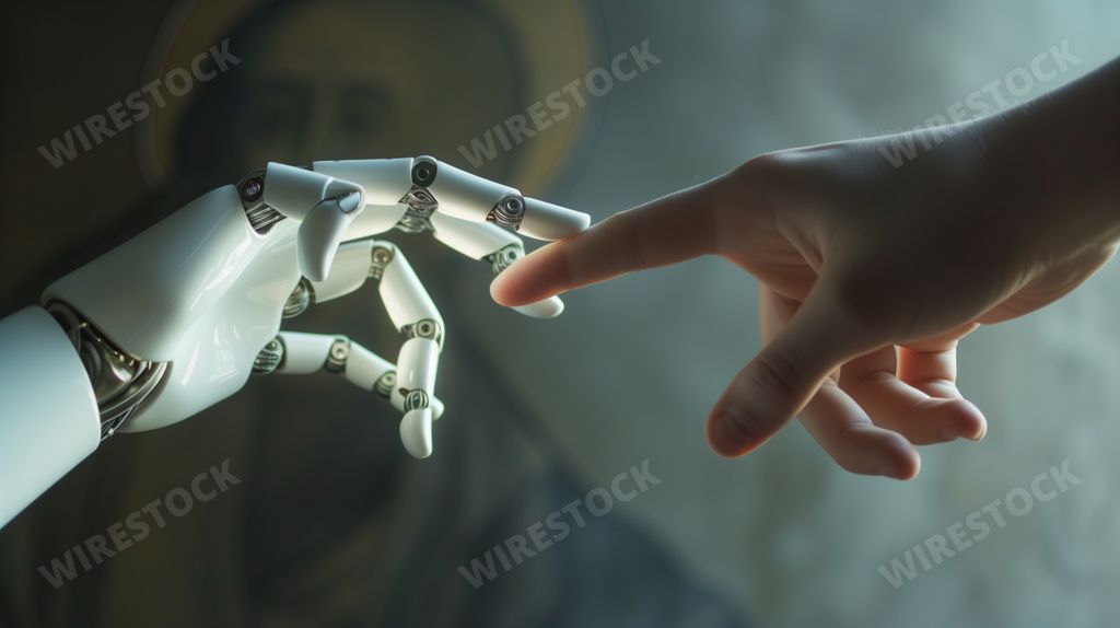 Human and robotic hands coming together in a moment of connection