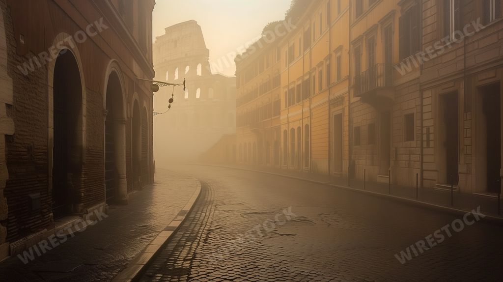An AI generated illustration of Ancient streets of Rome, deserted in the early morning fog, with the Colosseum emerging as a ghostly specte