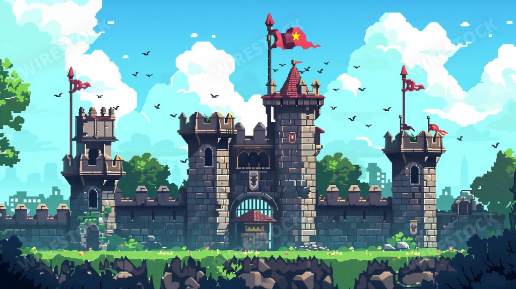 An AI generated illustration of a vibrant castle siege, evoking the nostalgic style of classic video games