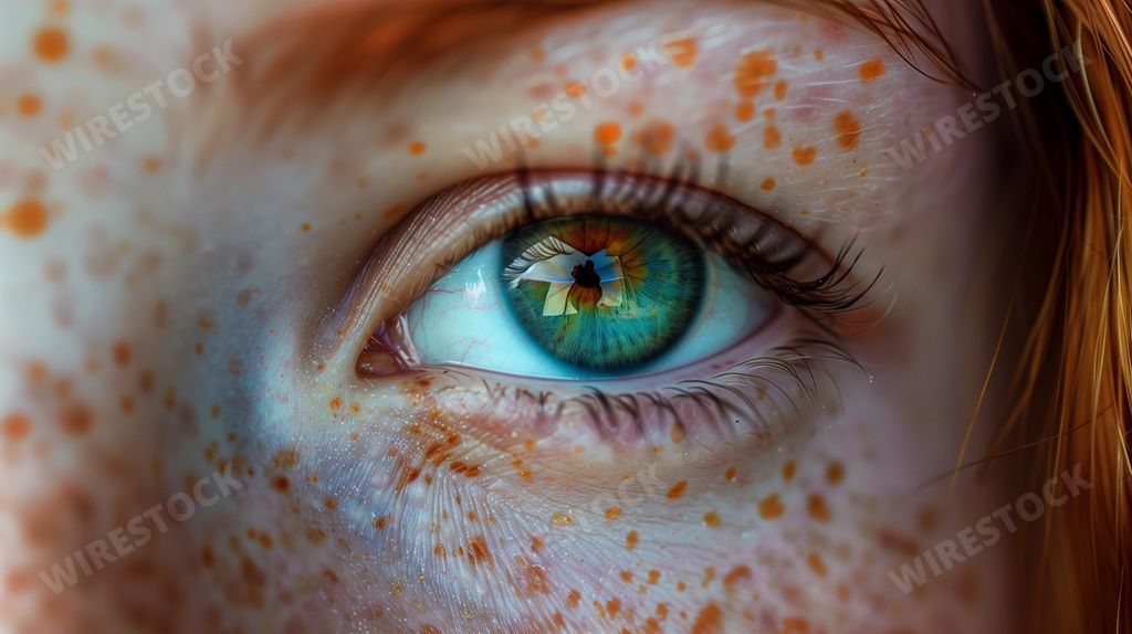 An AI generated illustration of Close-up of a red-haired girls eye with stunning blue iris