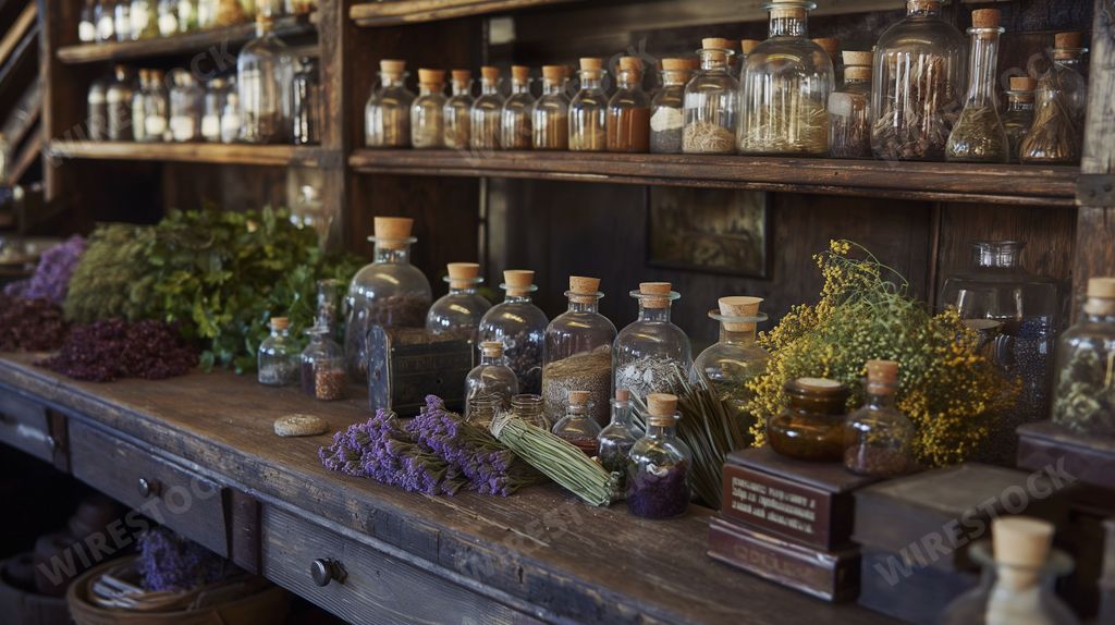 An AI-generated illustration of a medieval apothecary shop with various herbs and glass bottles