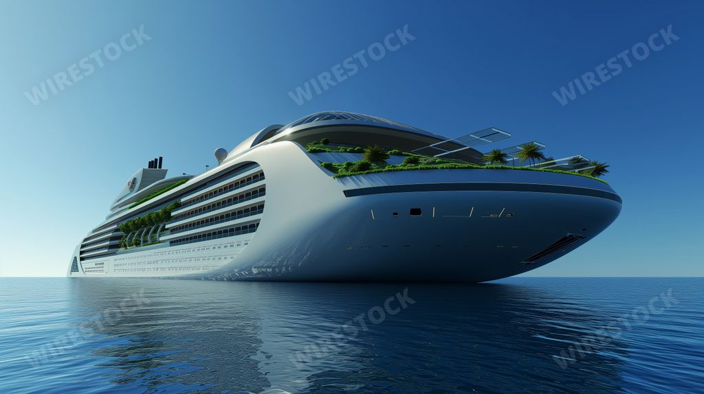 An AI generated illustration of a futuristic cruise liner, resembling a floating city, with sleek, aerodynamic design, solar panels