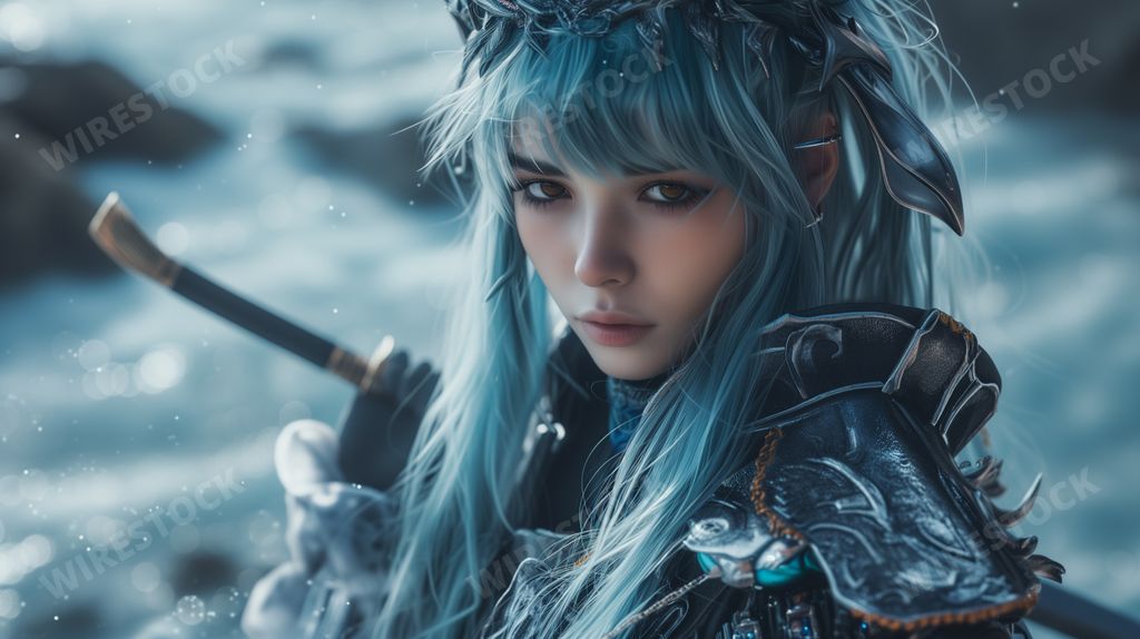 An AI generated illustration of a female model with long, flowing blue hair and sharp amber eyes wearing traditional ninja gear made of ice