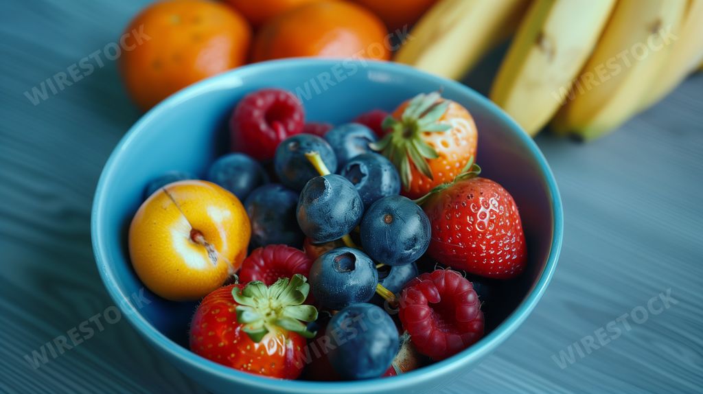 An AI generated illustration of a bowl of mixed fruits: strawberries, blueberries, and raspberries, with bananas and oranges in the background