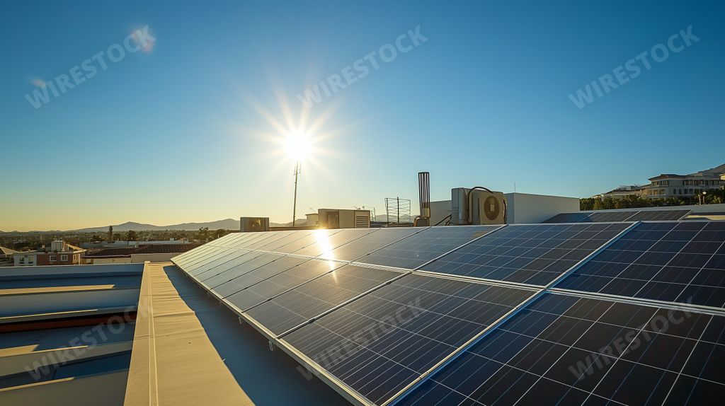An AI generated illustration of A state-of-the-art rooftop solar panel installation bathed in sunlight with a panoramic view of an urban skyline