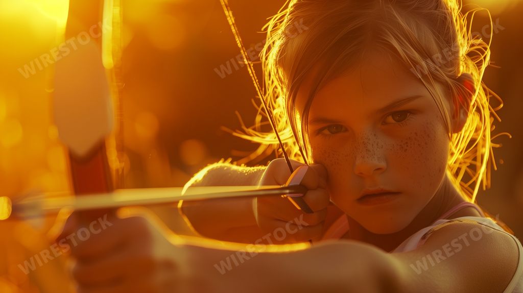 A young girl with a bow, aiming toward her target at sunset, AI-generated.