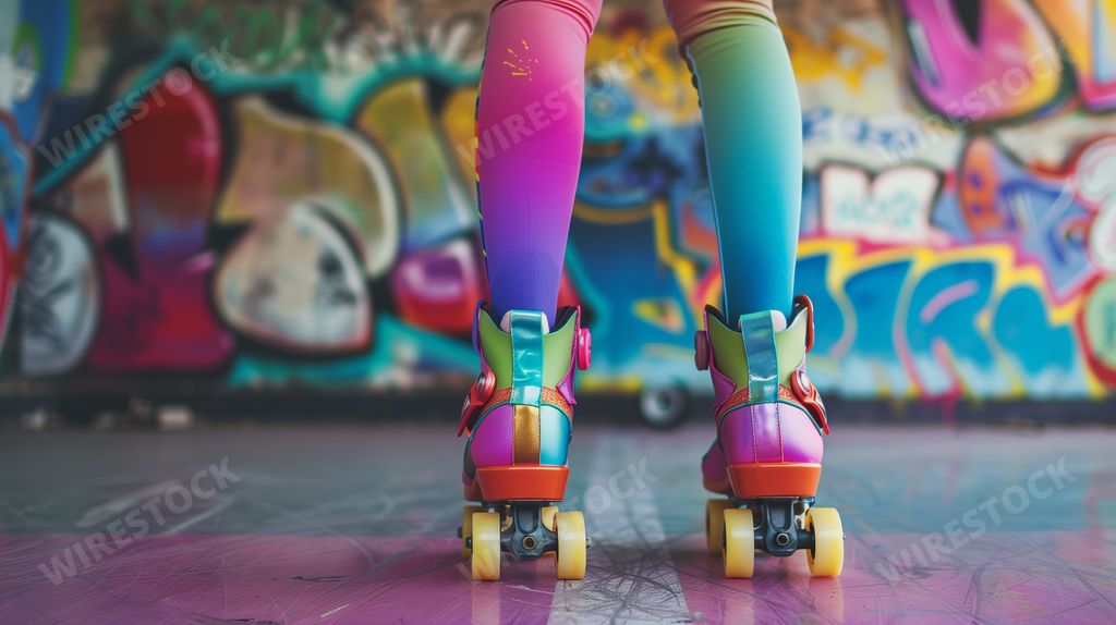 An AI generated illustration of retro rollerblades paired with vivid leggings, set against a graffiti backdrop in a skate park