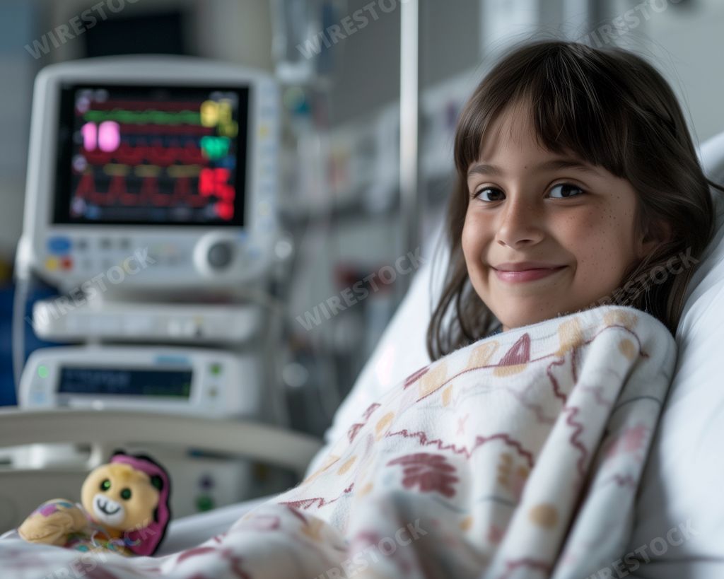 An AI generated illustration of a young girl in a hospital bed with a blanket and teddy bear