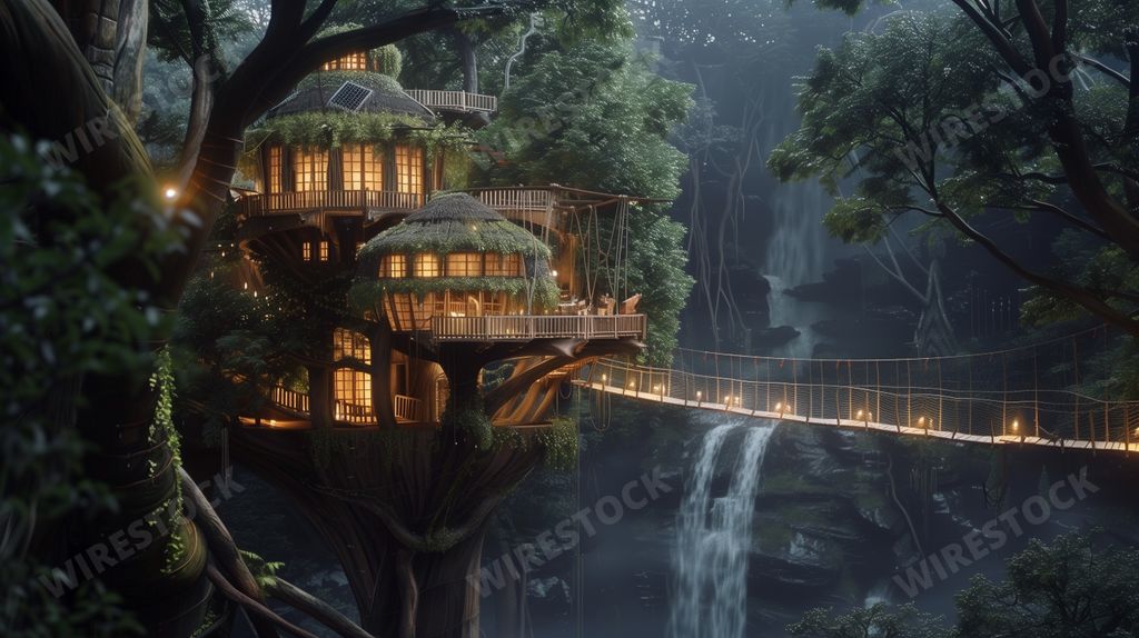 An AI generated illustration of a tree house perched on a cliff near a waterfall