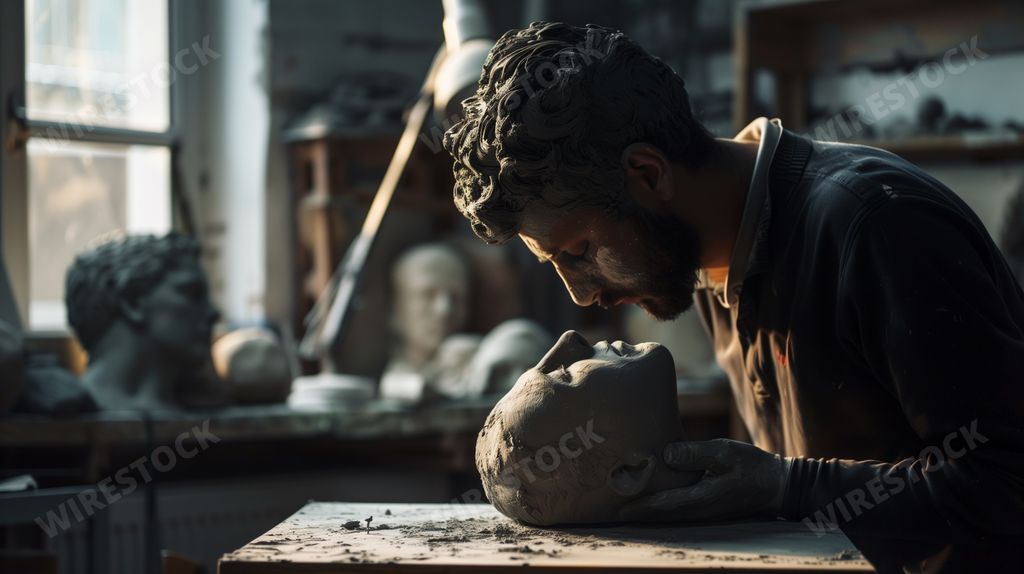 An AI generated illustration of skilled sculptor intently shapes a human likeness from clay