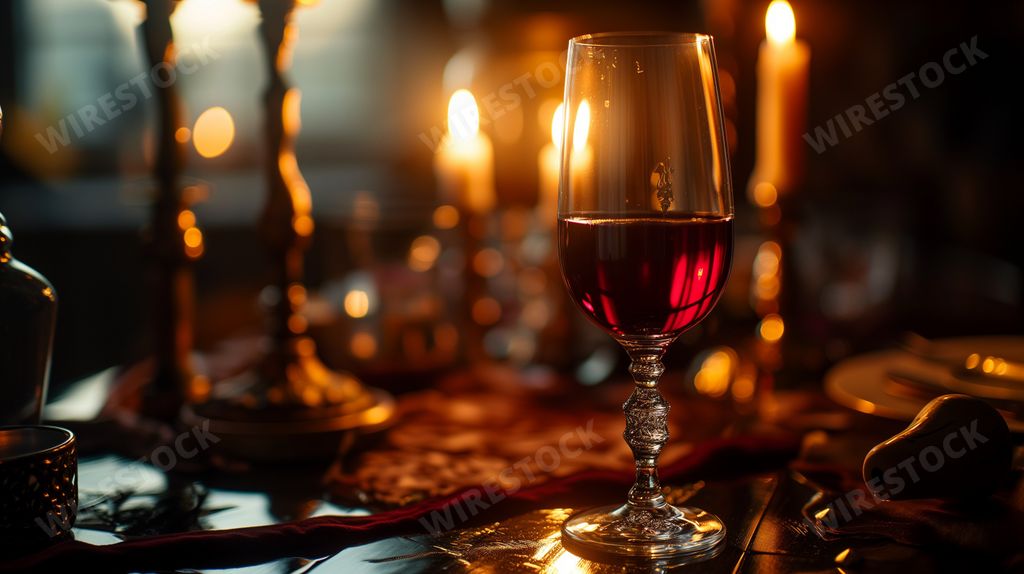 An AI generated illustration of a wine glass filled with red wine on a wooden table