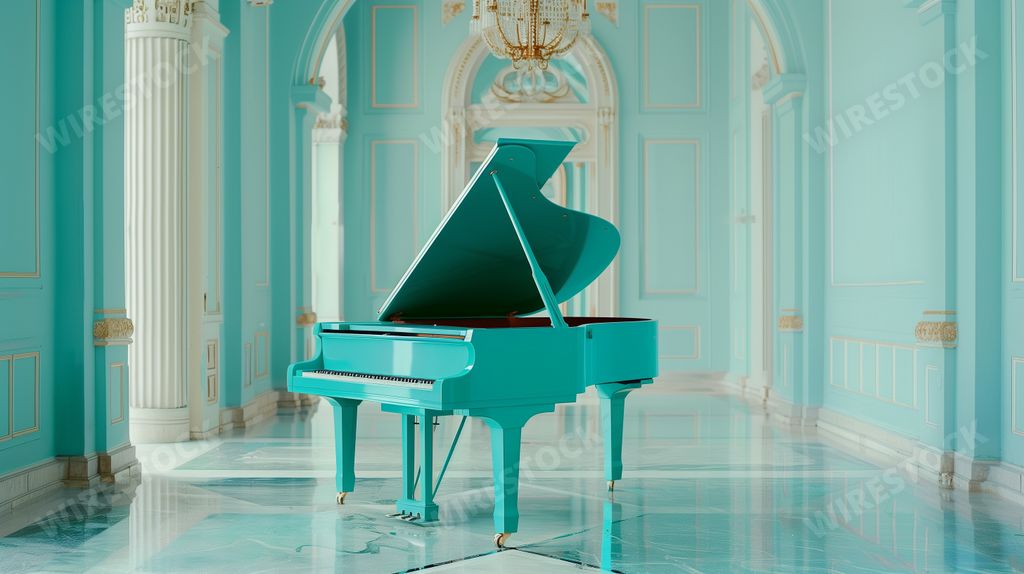 An AI generated illustration of A modern turquoise grand piano commands attention in a room of classical beauty,
