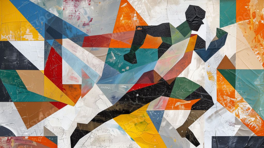 An AI generated illustration of Abstract geometric artwork of a running silhouette created with vibrant colors and shapes.
