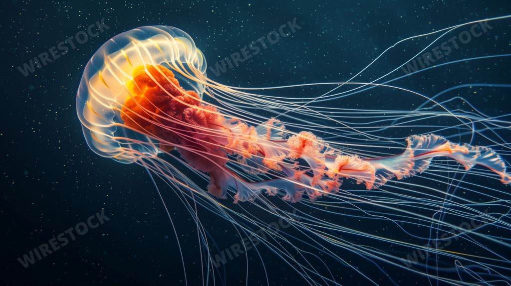 An AI generated illustration of A jellyfish drifts in deep blue water