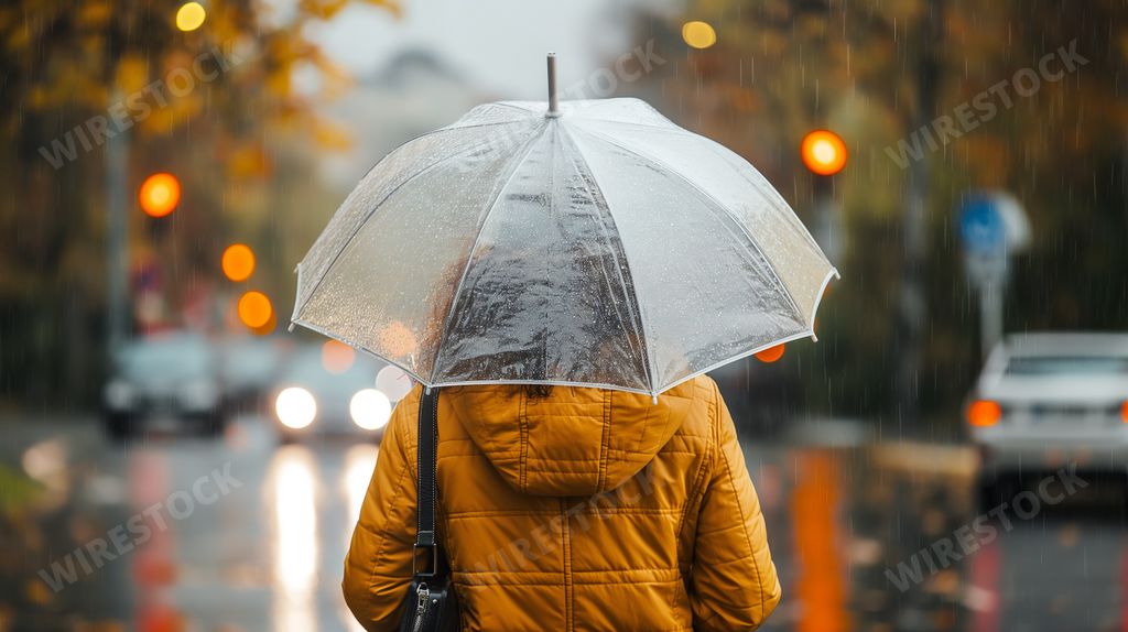 An AI-generated illustration of a woman with a transparent umbrella walking down the street