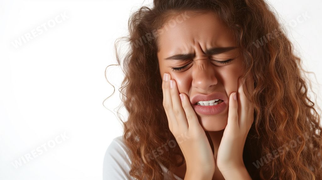 An AI-generated illustration of A young woman experiencing dental pain, cradling her cheek