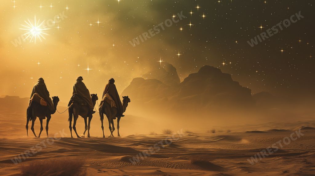AI-rendered Wise Men on camels following the Bethlehem Star.