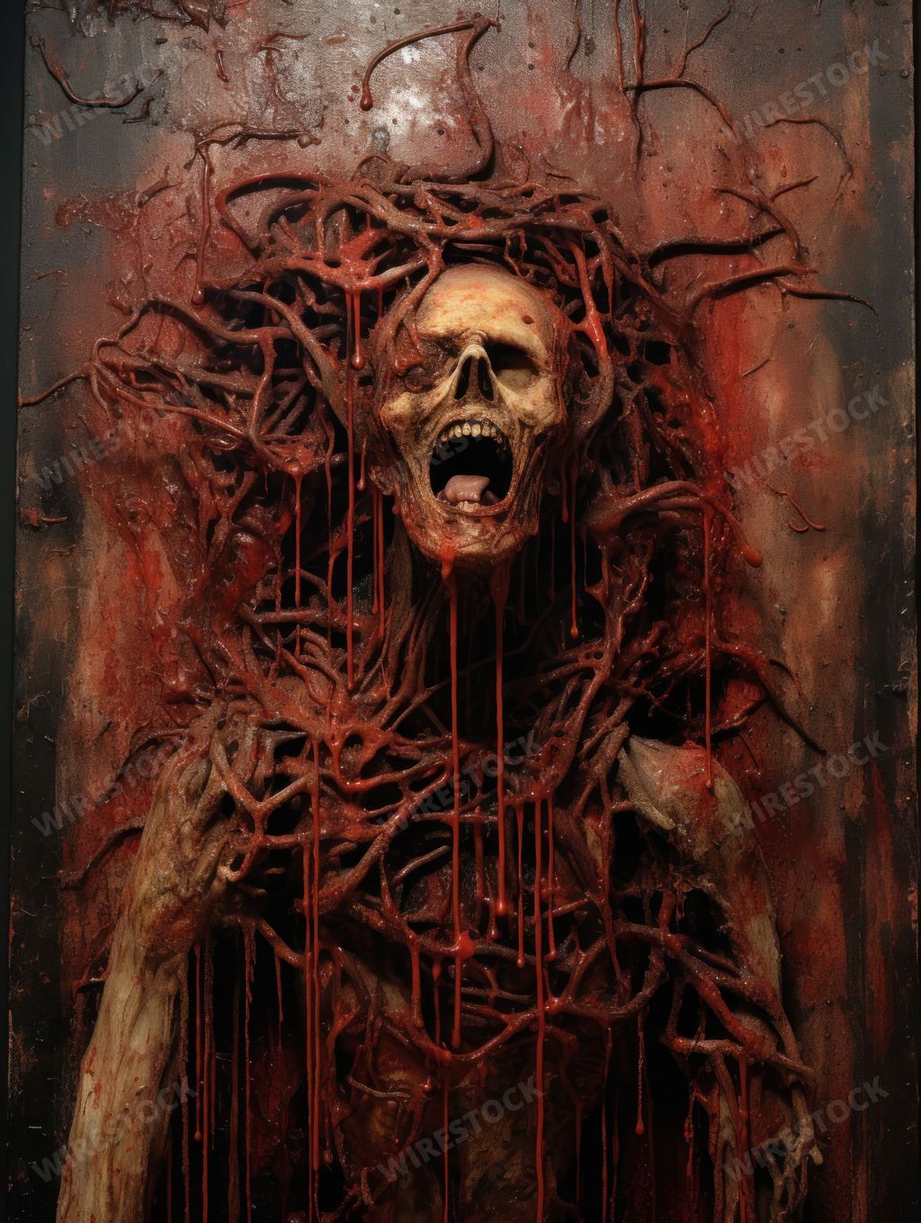 AI-generated depiction of Scream Extractor transformed into a medieval torture chamber, rusted and blood-stained, with the haunting remnants of victim