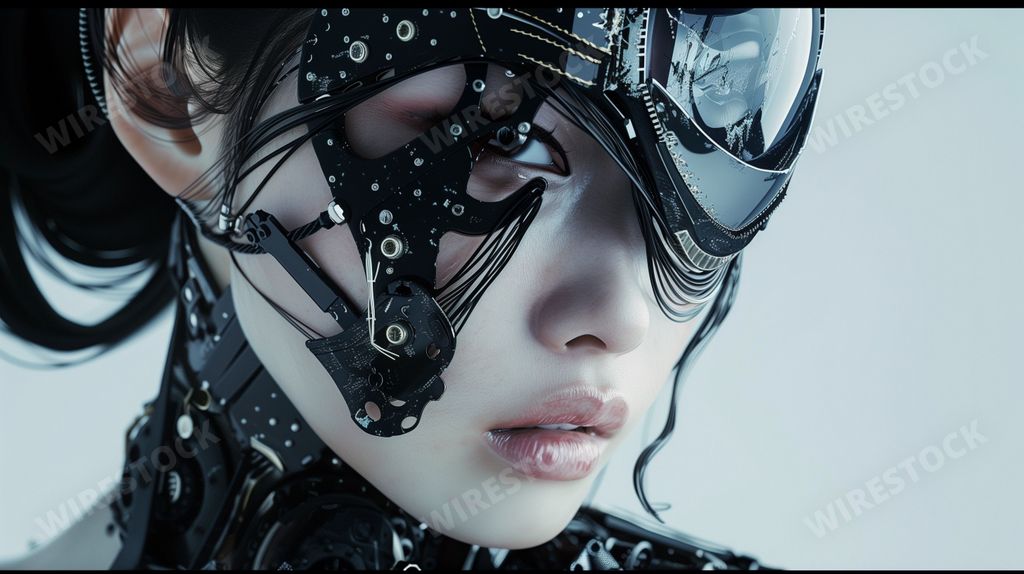 An AI illustration of a futuristic cyborg woman's face showcasing intricate mechanical details and a sleek design.