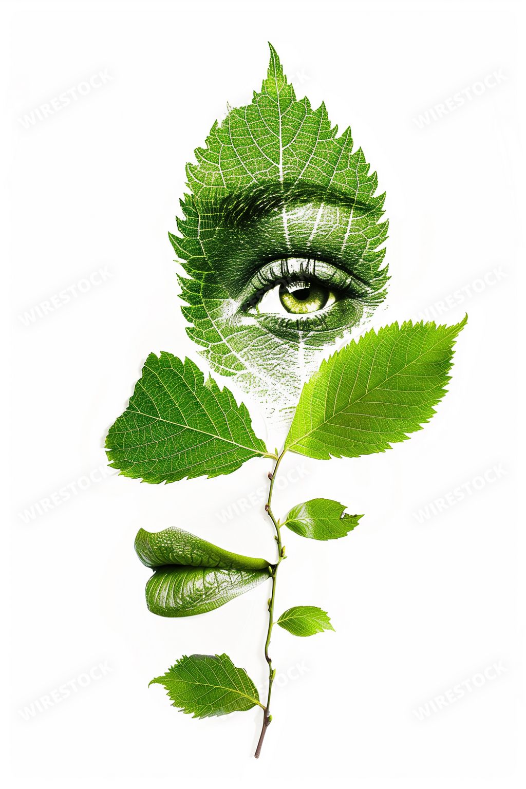 An AI generated illustration of a human-like face made from leaves on a white background