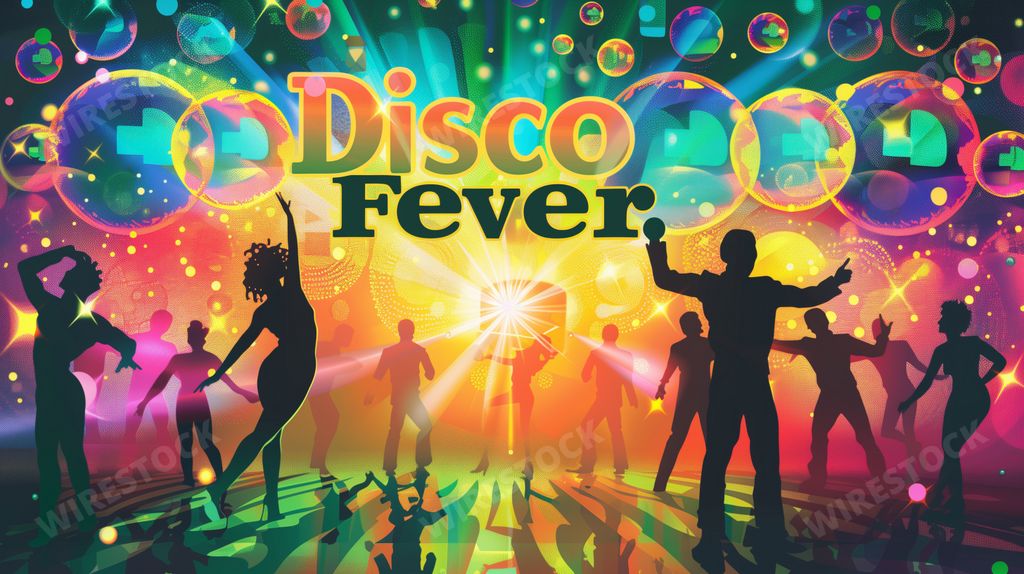 An AI generated illustration of a "disco fever" sign shining over '70s dance floor with people dancing