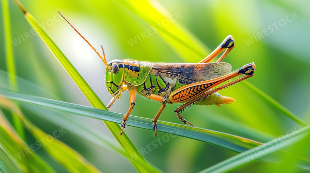 An AI generated illustration of a colorful grasshopper perched on a green blade of grass