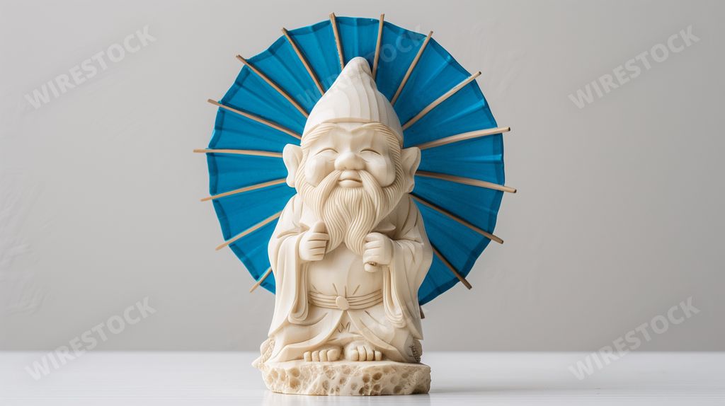 An AI generated illustration of A delightful ivory-carved gnome, named 'gurka', stands proudly with a bright blue umbrella,