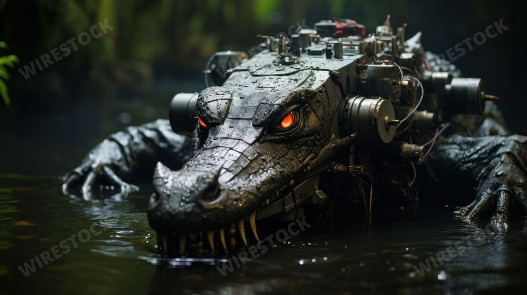 AI-generated image of a steel and silicon crocodile lurking in digital swamp waters, its eyes fitted with infrared sensors, a menacing predator