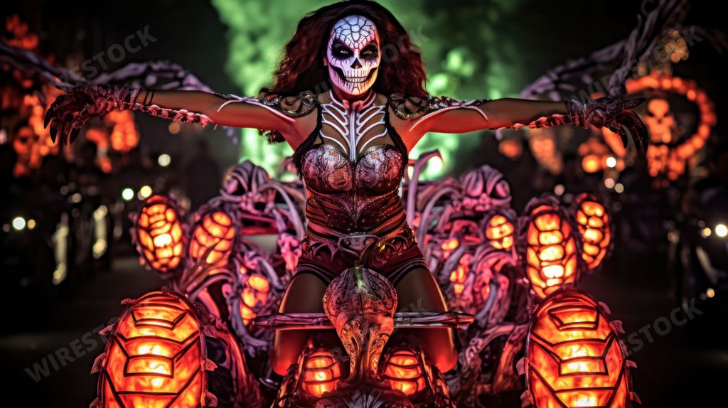 AI-generated portrayal of a samba dancer with Day of the Dead motifs at a nightmarish Rio de Janeiro Carnival, illuminated by orange lights.