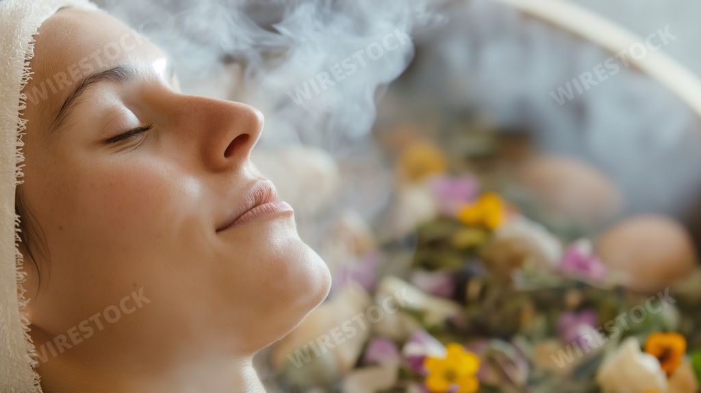 An AI generated illustration of soothing facial steam treatment, where the gentle warmth of herbal infusion promises a refreshed complexion