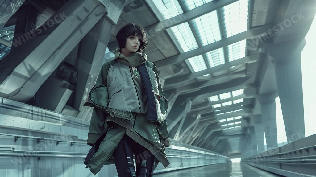 An AI illustration of a sleek, futuristic urban environment, a model showcases cutting-edge street style with smart fabrics