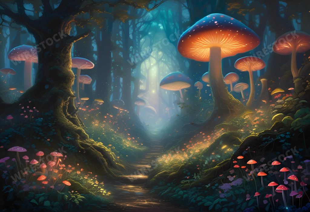 An AI generated illustration of Digital painting of nighttime forest with mushrooms and trees