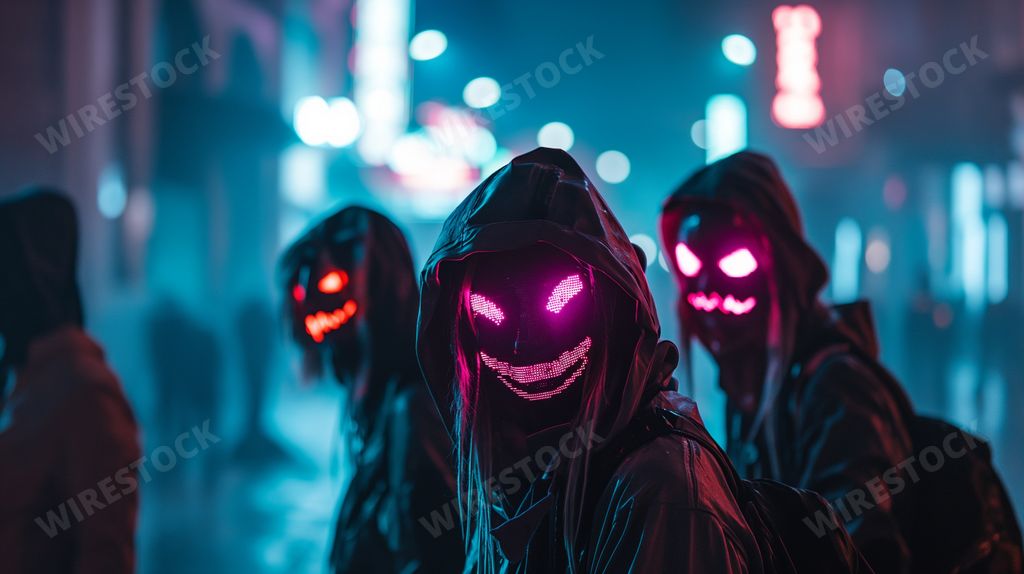 AI-generated cyberpunk scene with digital masks displaying emotions.