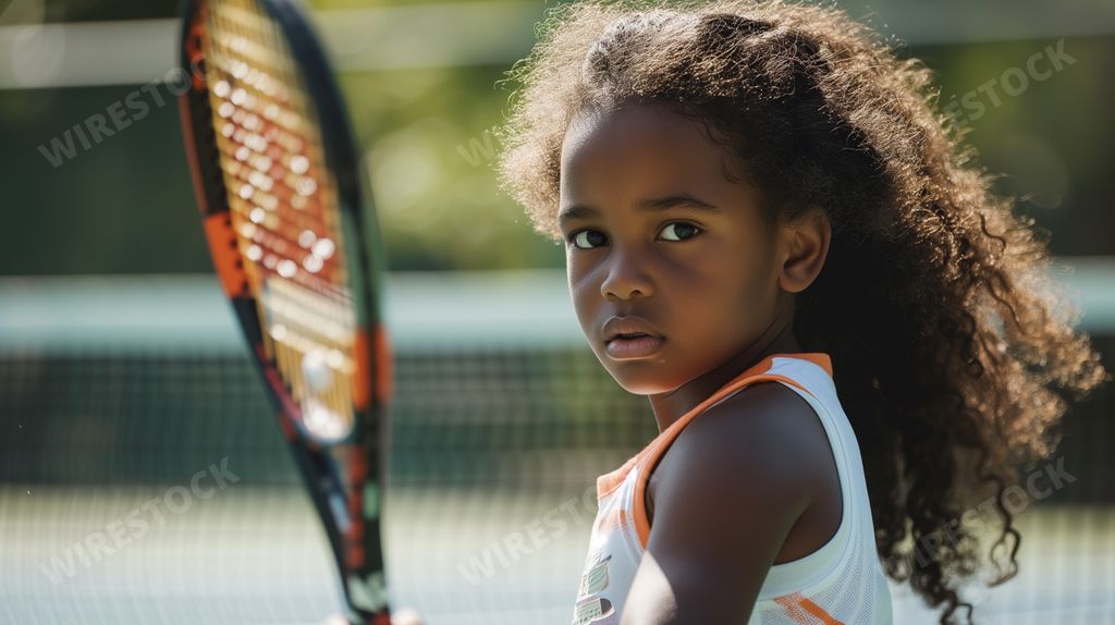AI-created image of a determined young girl on court.