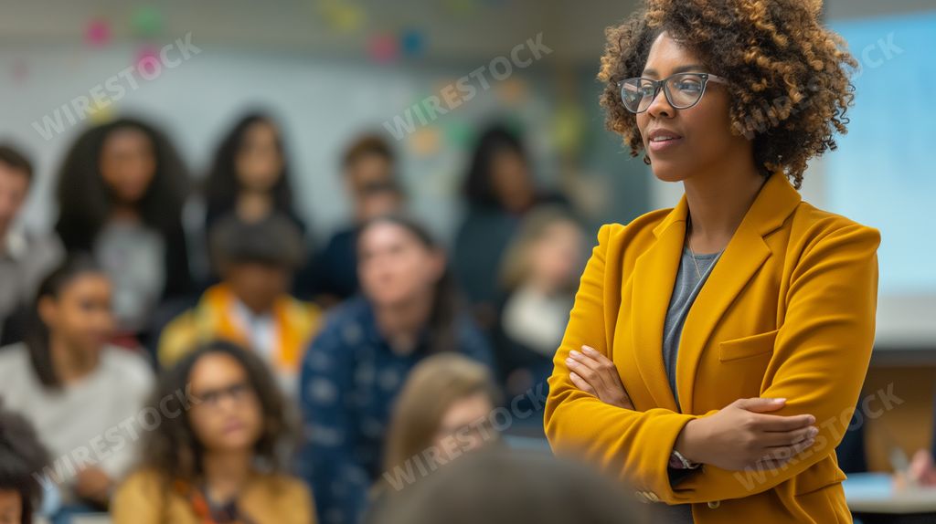 An AI-generated illustration of a young female professor standing confidently at the forefront