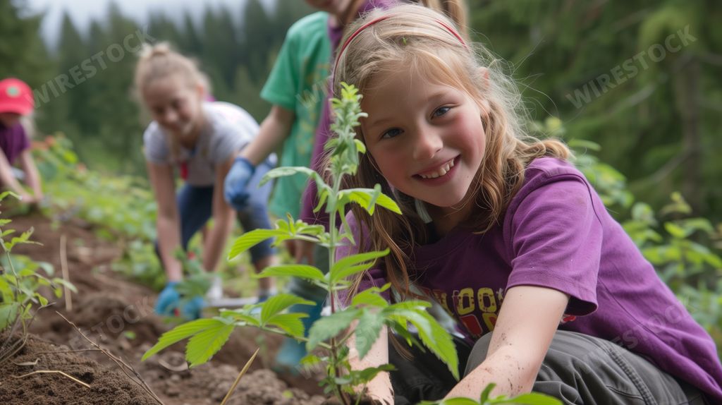 An AI generated illustration of children with genuine smiles planting trees, learning about environmental stewardship at a summer camp