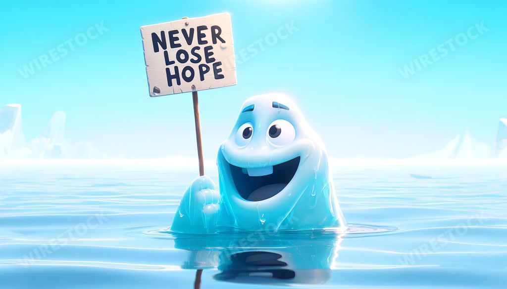 An AI generated illustration of an ice floe holding a sign that says 'Never lose hope'