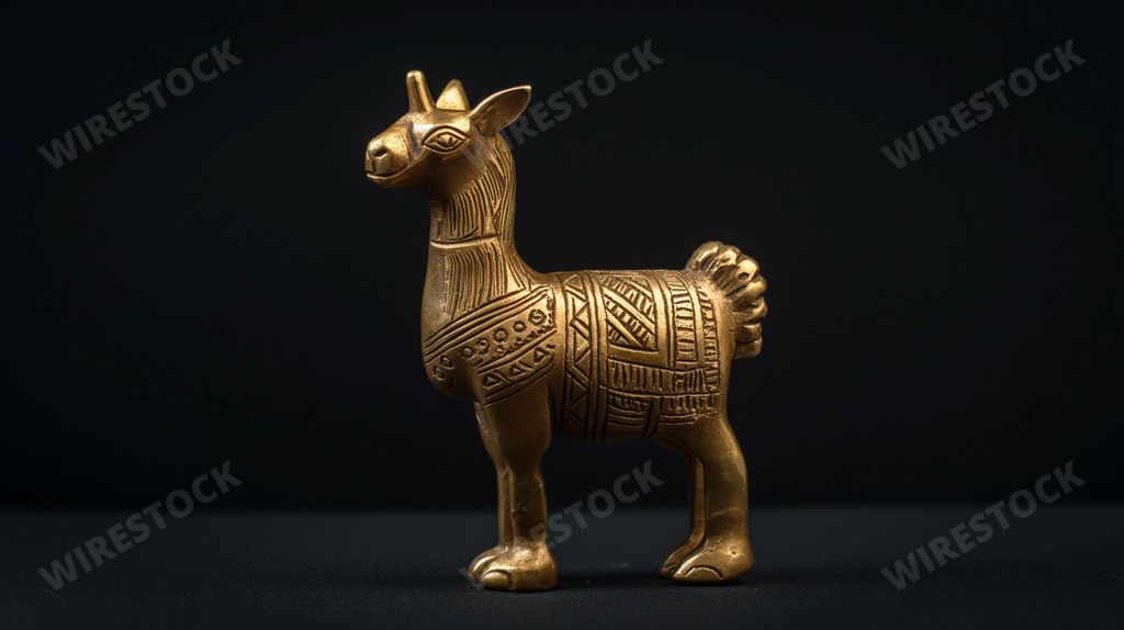 An AI generated illustration of an Inca gold llama statue, with patterns and detailed craftsmanship