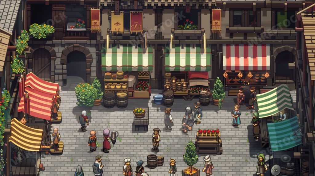 An AI generated illustration of an 8-bit artwork depicts a bustling medieval market scene within a stone-paved courtyard, surrounded by buildings