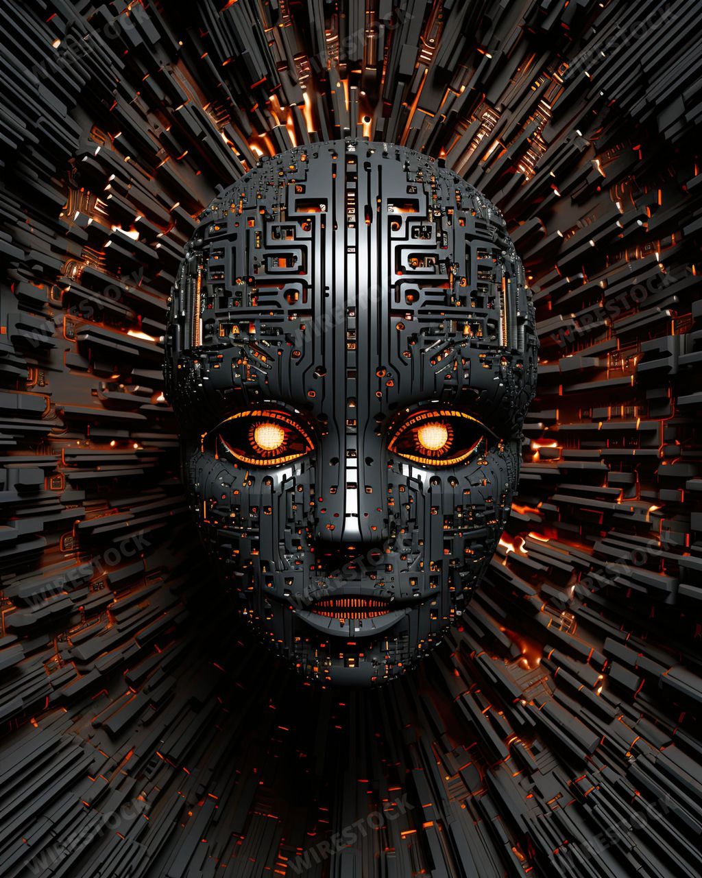 An AI generated illustration of a graphite head with burning eyes, symbolizing the fusion of Software and Hardware