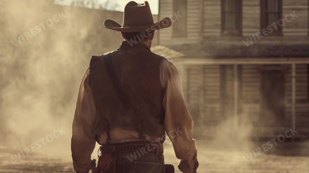 An AI generated illustration of a cowboy with his back to the camera, exuding tension and anticipation