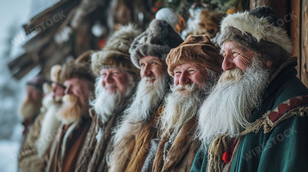 An AI-generated illustration of the thirteen Yule Lads from Icelandic lore descending upon a village