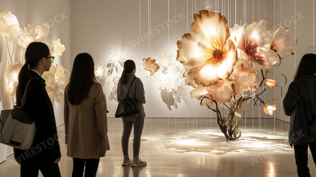 An AI illustration of surreal floral installation in an abstract, modern art gallery setting.