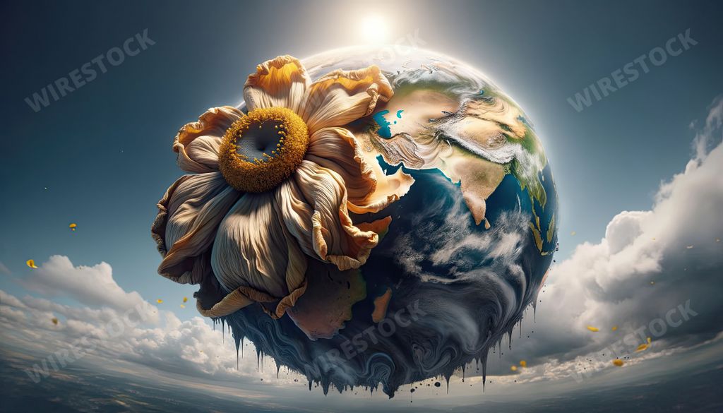 AI-generated wide photo of Earth depicted as a wilting flower, symbolizing global decay.