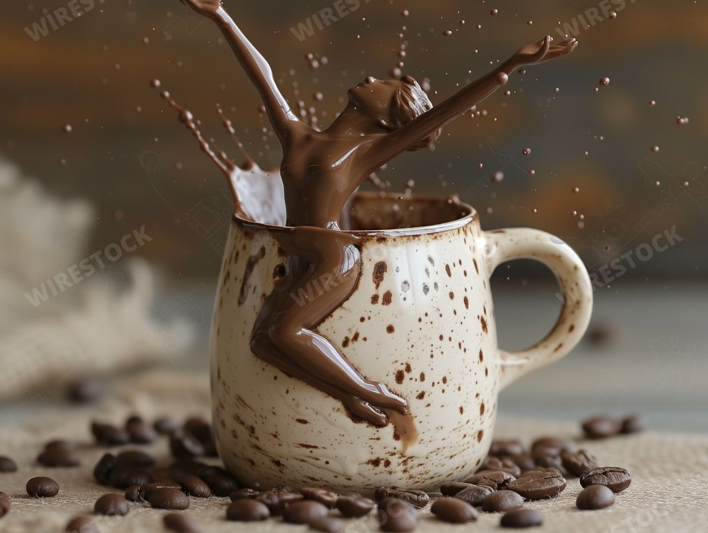 An AI illustration of an artwork of coffee splash dancer in Nordic mug