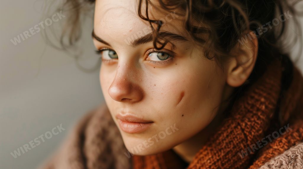A portrait of a young woman with a scar on her face wearing a neck scarf, AI-generated.