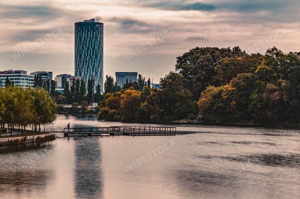 A view from Herastrau Park (King Michael I Park) of skyscrapers from downtown Bucharest
