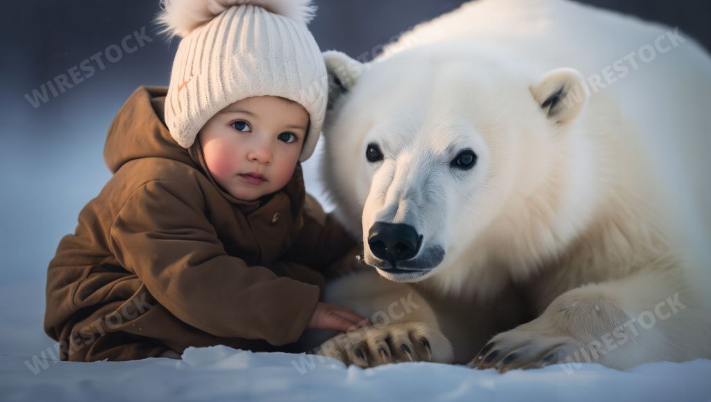A young child stands next to a majestic polar bear in a winter wonderland of snow - Ai generated