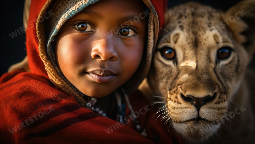 An AI generated illustration of a child, her arms outstretched as she poses with a curious lion cub
